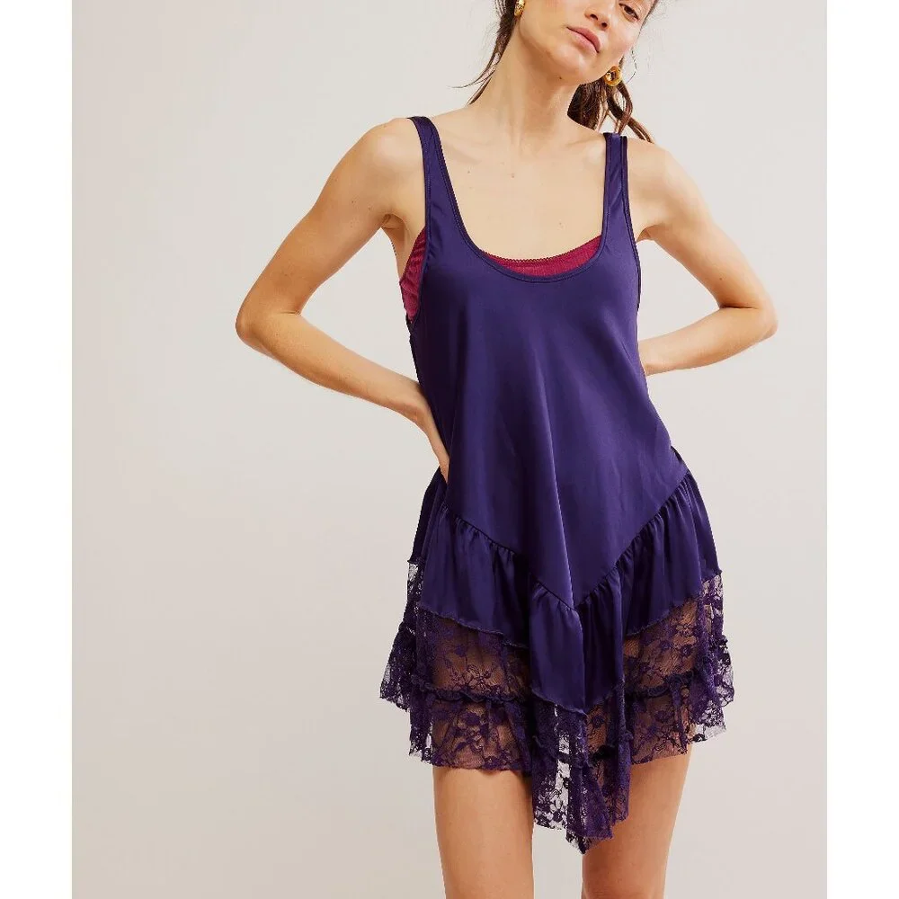 Free People Young and In Love Mini Slip In Gothic Grape L NWOT